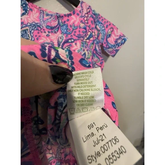Lilly Pulitzer Girls Cotton Pink Blue Paisley Bird Short Sleeve Dress S 4/5 - Picture 6 of 7